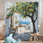 rideau douche polyester scène méditerranéenne citronnier mer décor élégant vert jaune blanc bleu marron