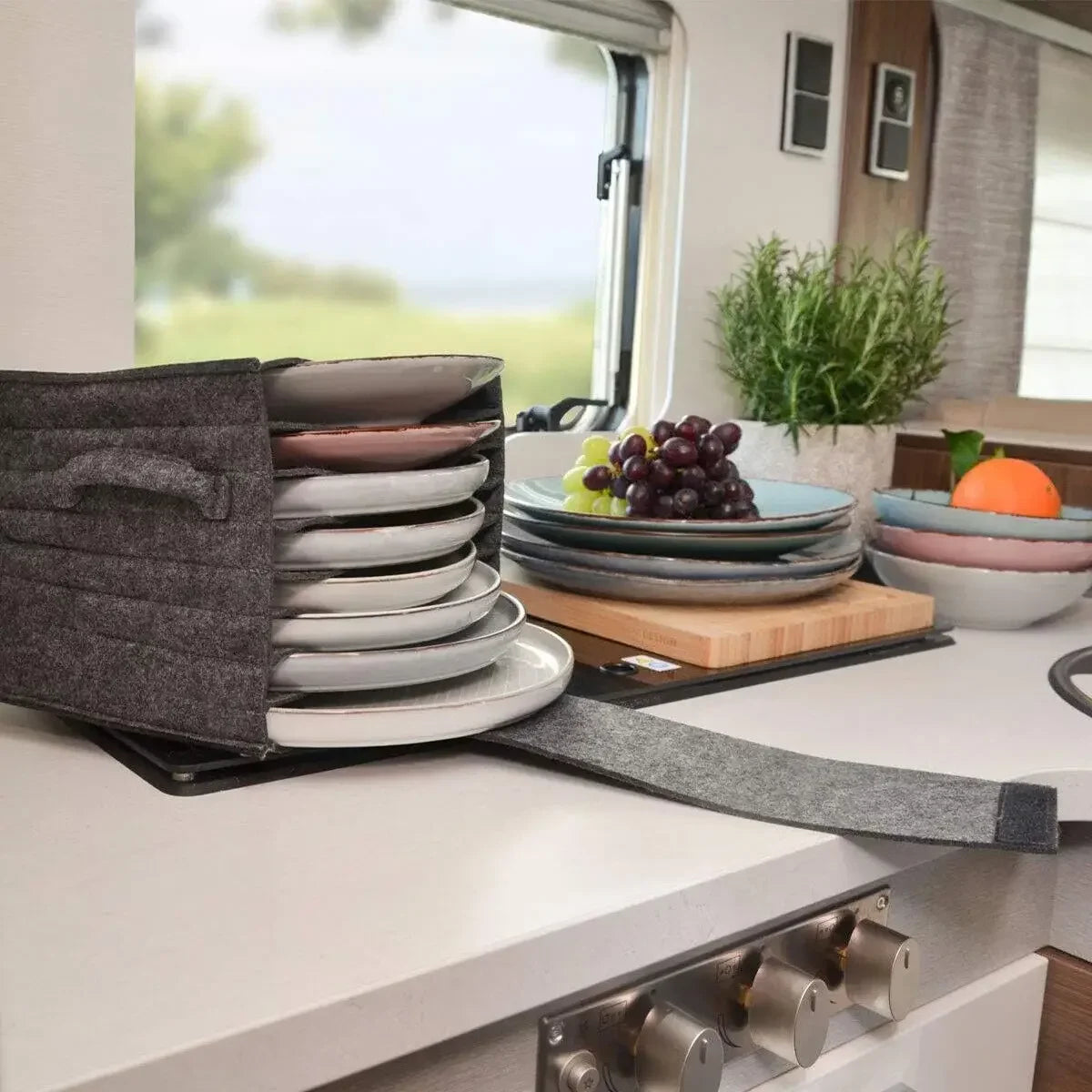 organisateur vaisselle pliable feutre gris velcro moderne rangement camping cuisine portable compact