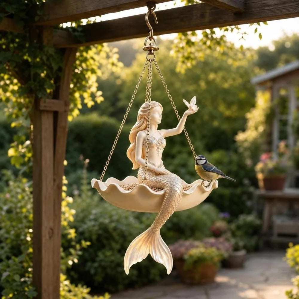 cache pot suspendu résine feuilles vertes figurine sirène classique romantique oiseau doré decoration plantes