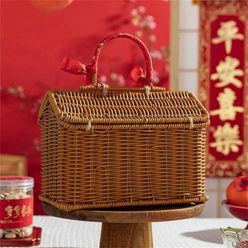 panier tressé forme maisonnette marron clair fenêtres ouvertes rustique anse transport éléments décor