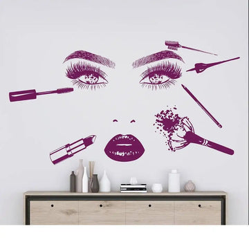 sticker mural artiste maquillage adhésif yeux lèvres pinceaux noir illustration salon beauté