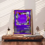 affiche pop art violet objets divers horloge guitare casque moderne