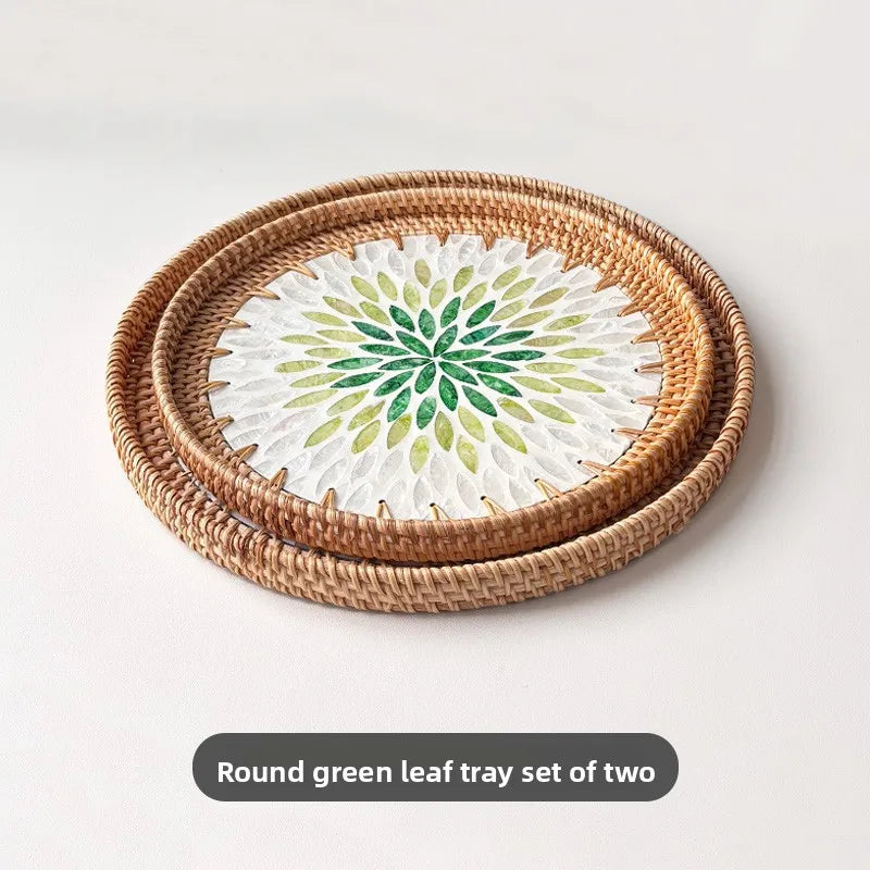 assiettes rotin naturel fleurs motifs floraux mosaïque traditionnel artisanal set deux