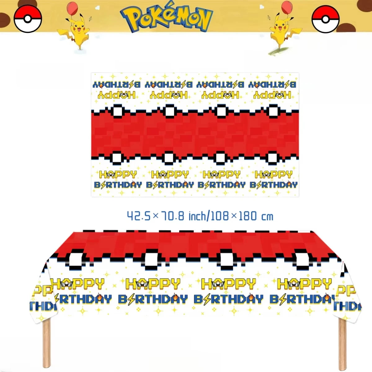 nappes plastique pokemon anniversaire pikachu poke balls geometriques pixel art enfants festives