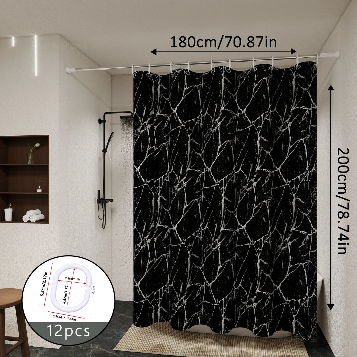 rideau douche moderne noir marbre opalescent respectueux environnement 120cm 180cm