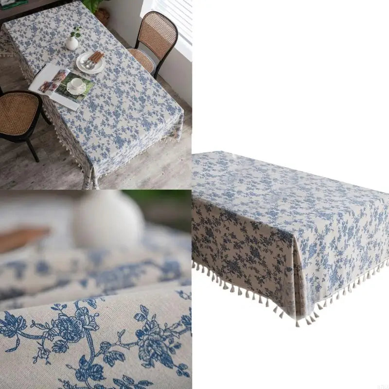 nappe table fleurs bleu coton polyester lavable machine saison thèmes classique vintage tassels