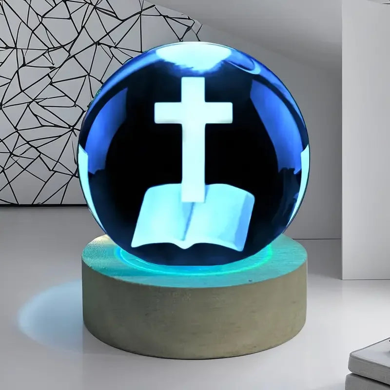 veilleuse boule cristal gravure laser croix livre ouvert bleu vert rose violet décoration moderne