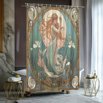 rideau douche sirène art nouveau vert beige blanc or motifs floraux 180cm large