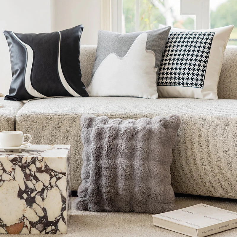 coussin patchwork géométrique polyestère carré contemporain gris noir blanc decoration nordic