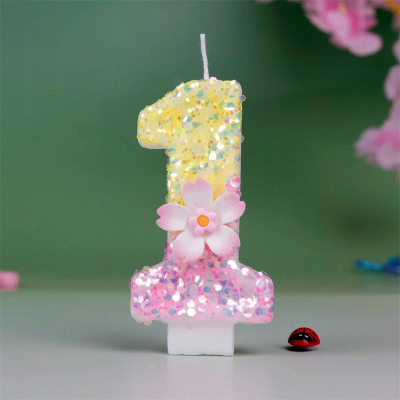 bougies numériques paillettes fleur relief anniversaire enfant décoratives jaune rose blanches
