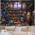 tapisserie murale fantastique multicolore arbres livres potions crânes bougies bibliothèque