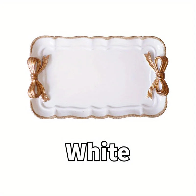 plateau rectangulaire élégant blanc rose pastel bordure dorée motif noeud