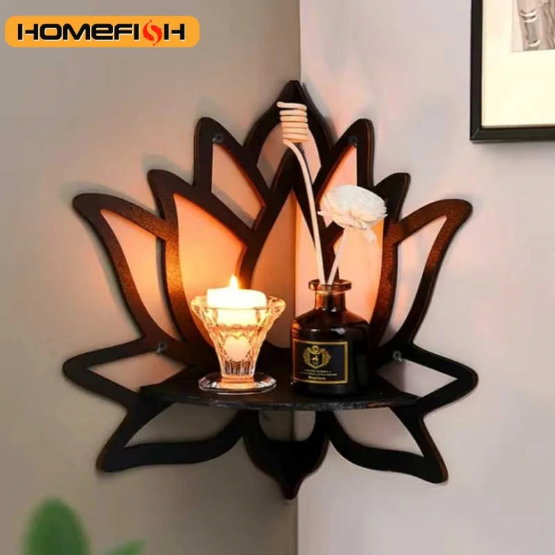étagère murale moderne bois noir forme fleur lotus fixations aromathérapie