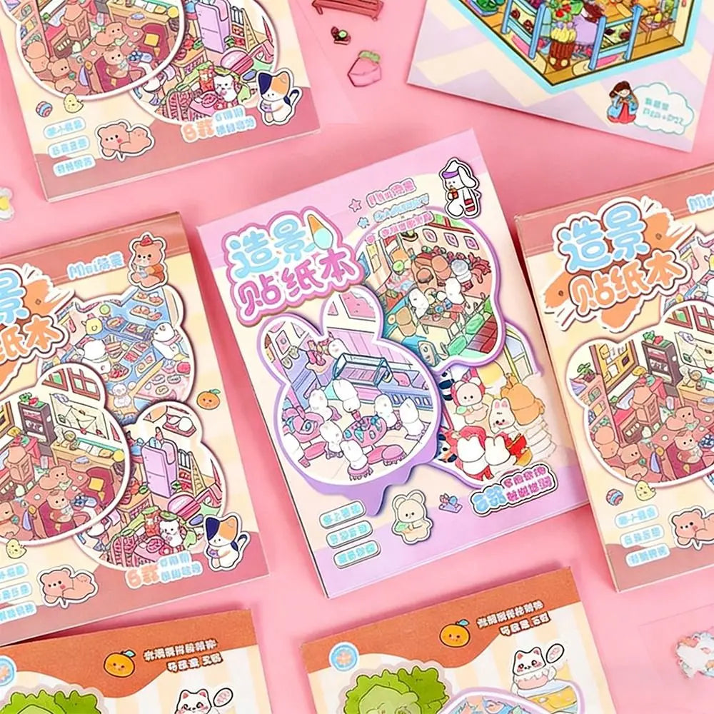 livre stickers scènes miniatures animaux mignons illustrations cartoon rose blanc multicolore