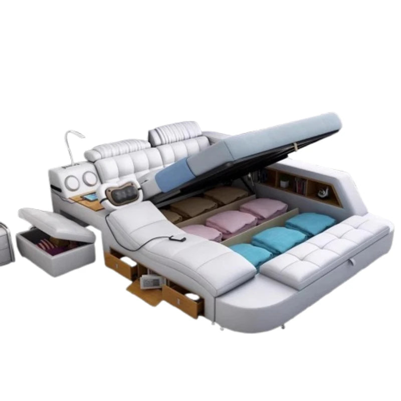 lit multifonctionnel moderne simili cuir blanc bleu clair rangement intégré tapis lampe table chevet