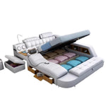 lit multifonctionnel moderne simili cuir blanc bleu clair rangement intégré tapis lampe table chevet