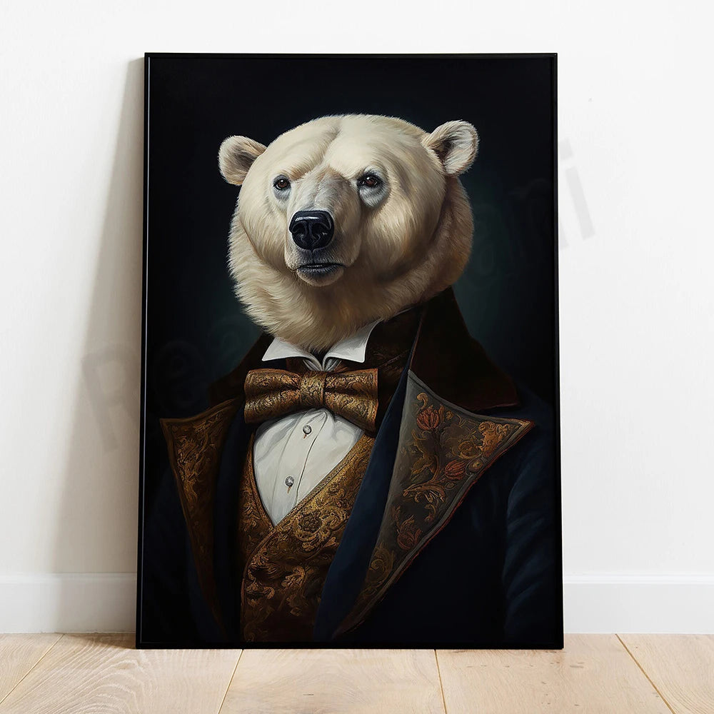 Une imposante représentation d'un ours polaire vêtu d'un somptueux costume de soirée, reflétant une vision artistique unique et fascinante.