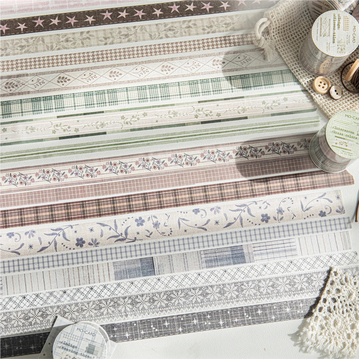rubans adhésifs décoratifs vintage gris beige vert clair marron rose pâle carreaux fleurs geometriques