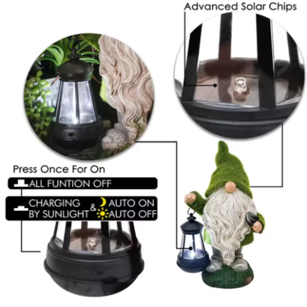 statue elfe nain résine lanterne verte barbe blanche motif ajouré lumière solaire patioextérieur