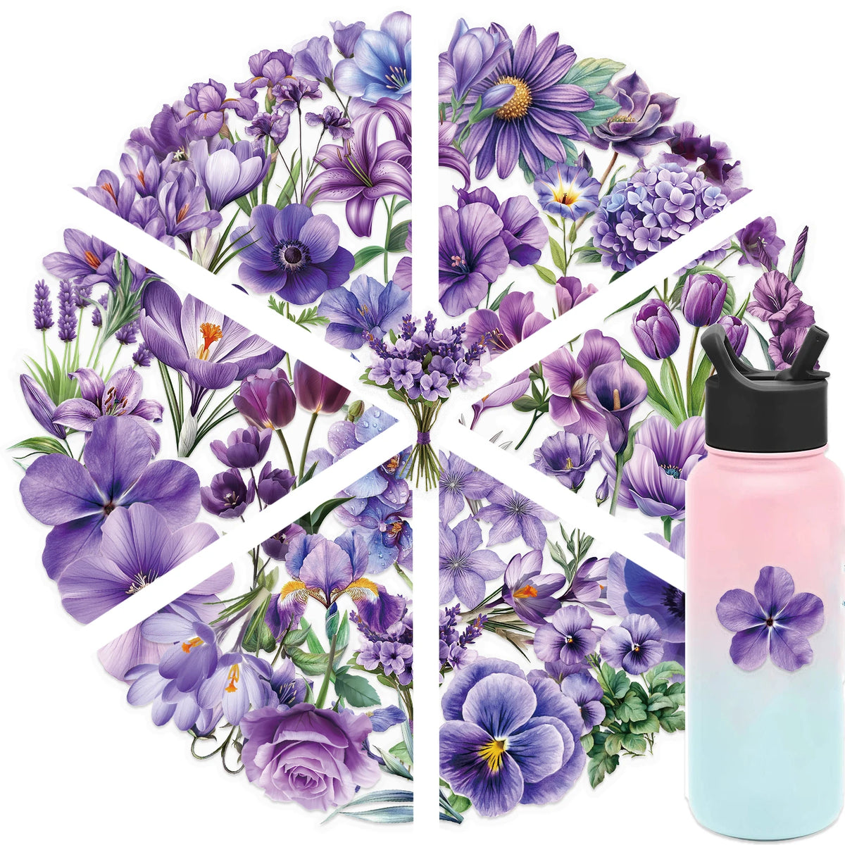 sticker adhésif fleurs violettes vertes décoration creative étanche diy 50 pièces illustration romantique