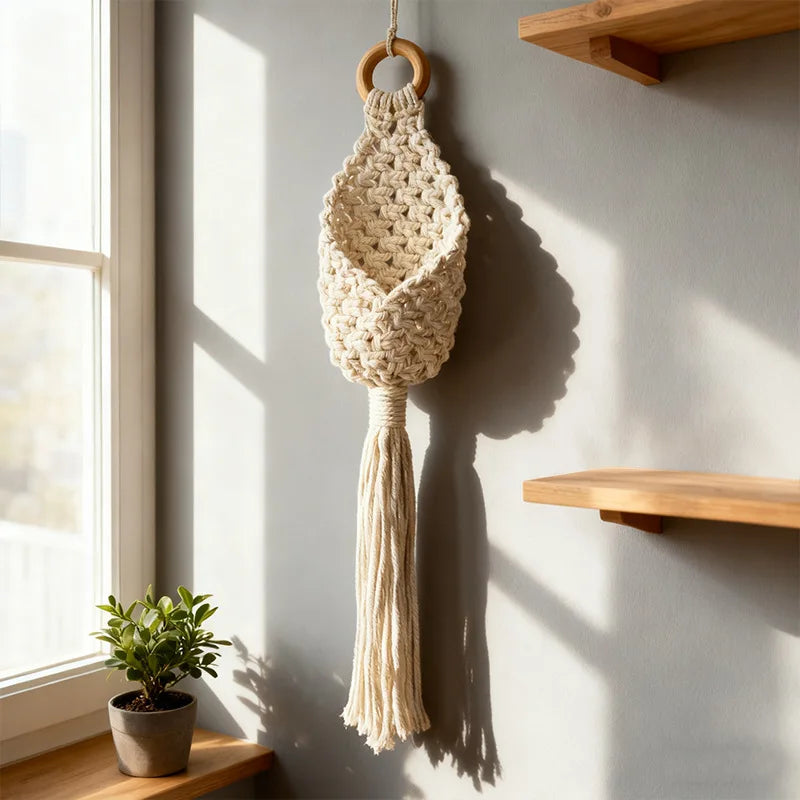 panier suspendu boho motifs géométriques pompon coton anneaux bois