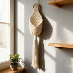 panier suspendu boho motifs géométriques pompon coton anneaux bois