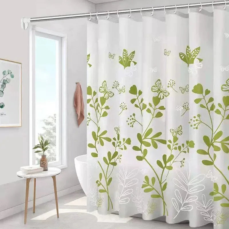 rideau douche fleurs papillons blanc vert clair moderne imperméable semi transparent crochet salle bain