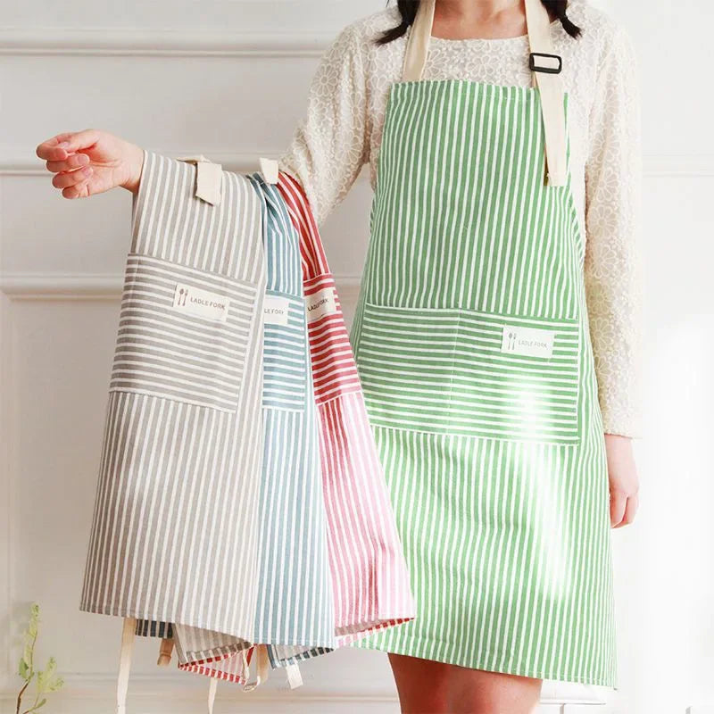 tablier coton lin rayures vert clair rouge beige classique poche avant cuisine chef serveur
