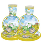 assiettes gobelets serviettes tracteur champ enfants vert bleu anniversaire fête campagne printemps