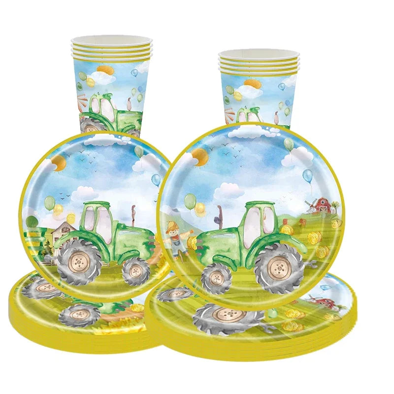 assiettes gobelets serviettes tracteur champ enfants vert bleu anniversaire fête campagne printemps