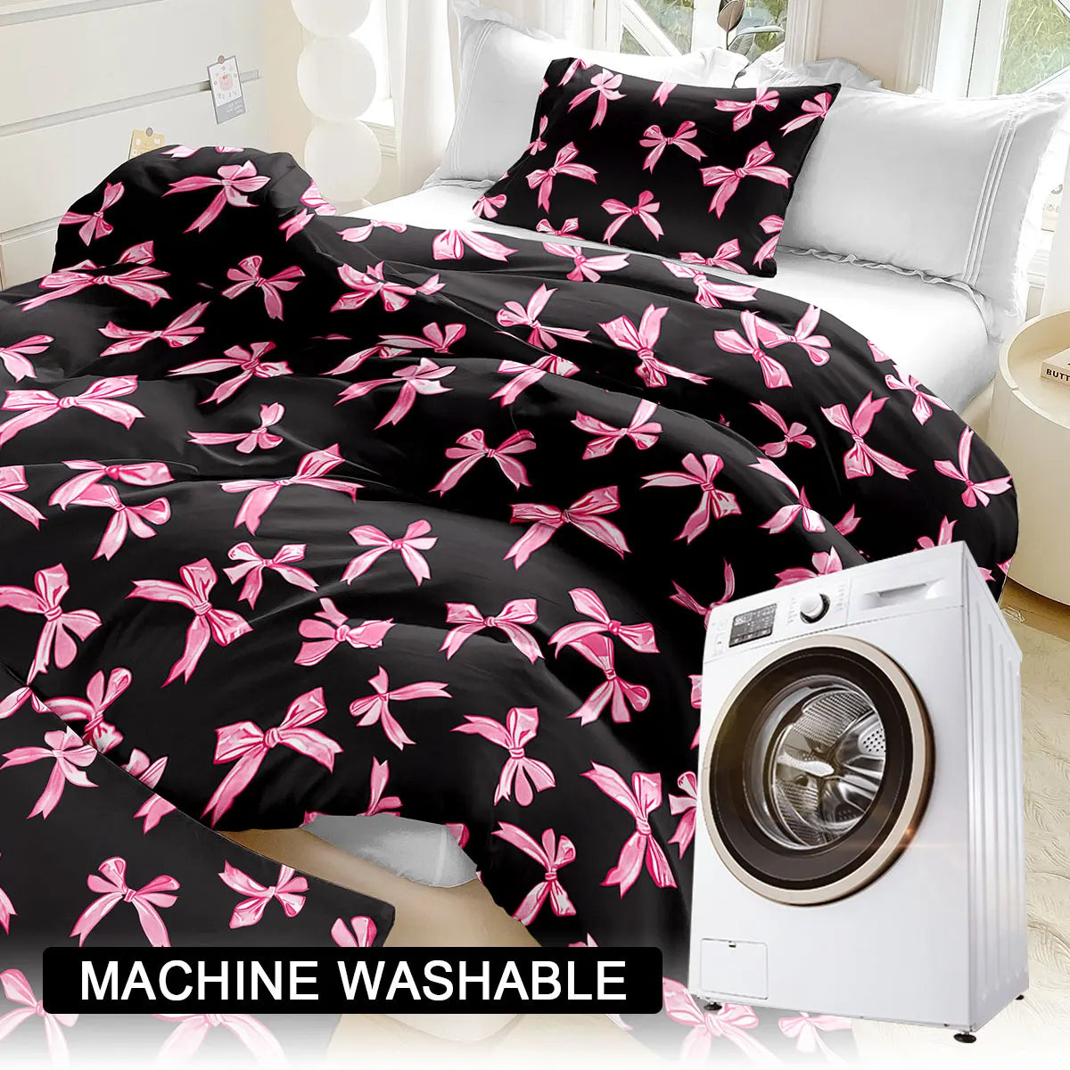 housse couette motif noeuds rose fond noir ensemble literie moderne deux taies oreillers polyester