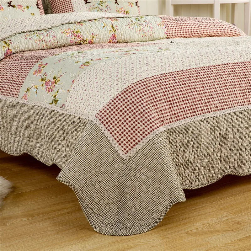 couvre lit patchwork coton floral vert beige rose matelassé maison hiverversible machine laver