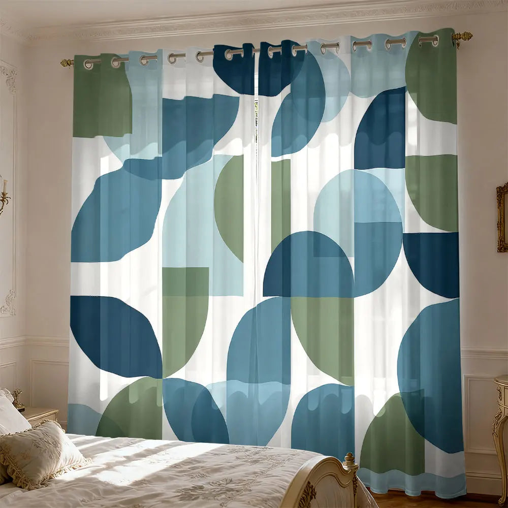 rideaux abstraits semi transparents moderne blanc bleu vert cercles rectangles salon polyester
