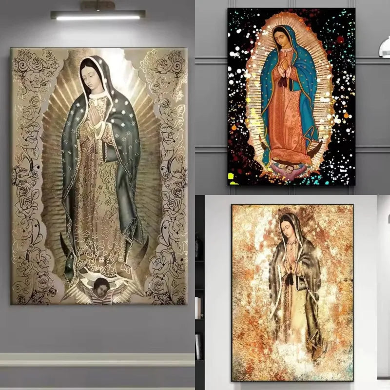 tableau religieux moderne toile ornements floraux motifs catholiques détails bleu doré noirDecorationMurrale