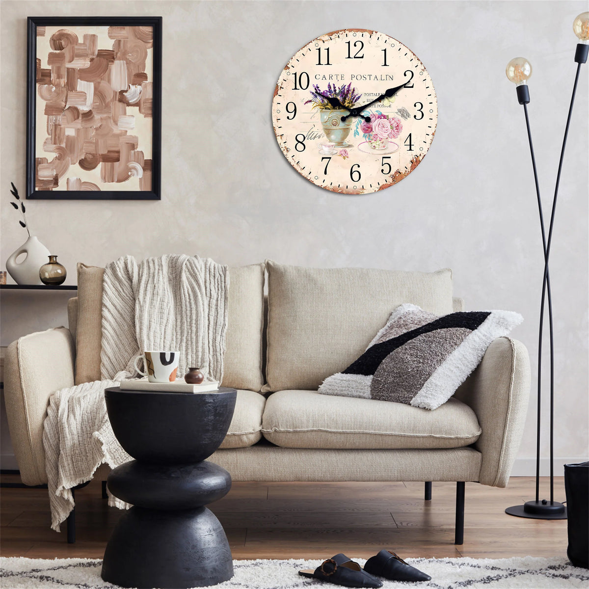 horloge murale vintage motif floral shabby chic bois salon chambre decoration aiguille quartz sizing