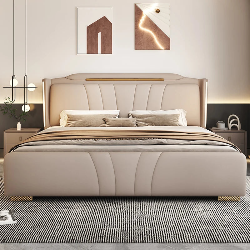 lit moderne bois tiroirs intégrés 182cm 151cm beige simples lignes verticales