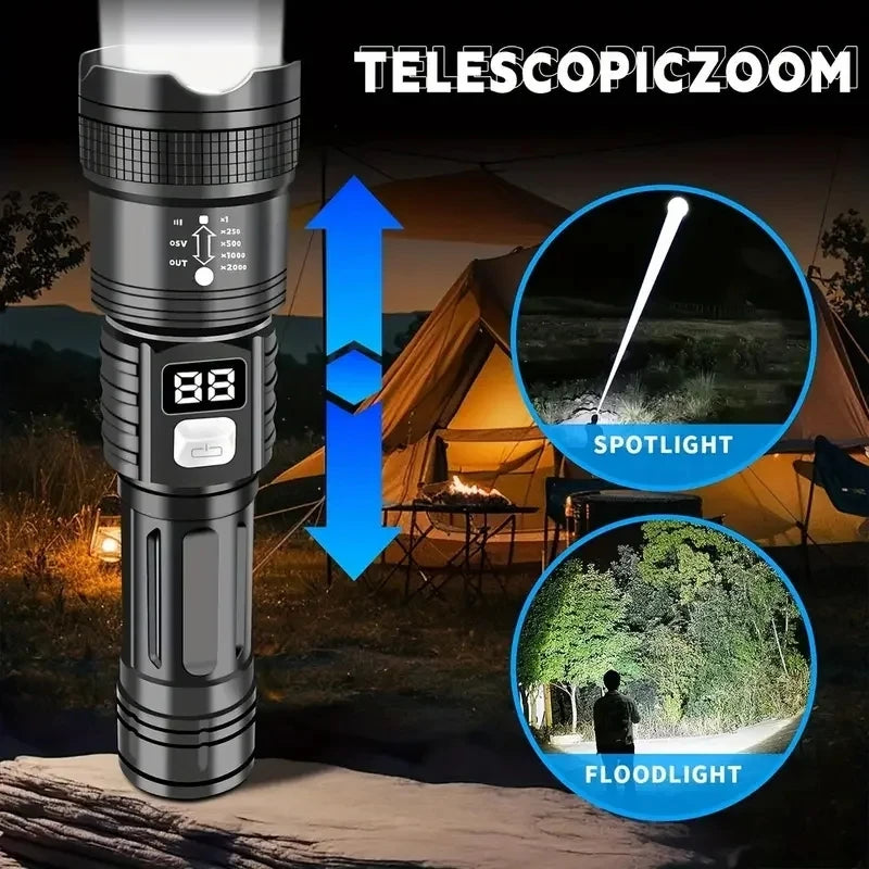 lampe poche rechargeable led zoomable noire éclairage 500mètres camping outdoor