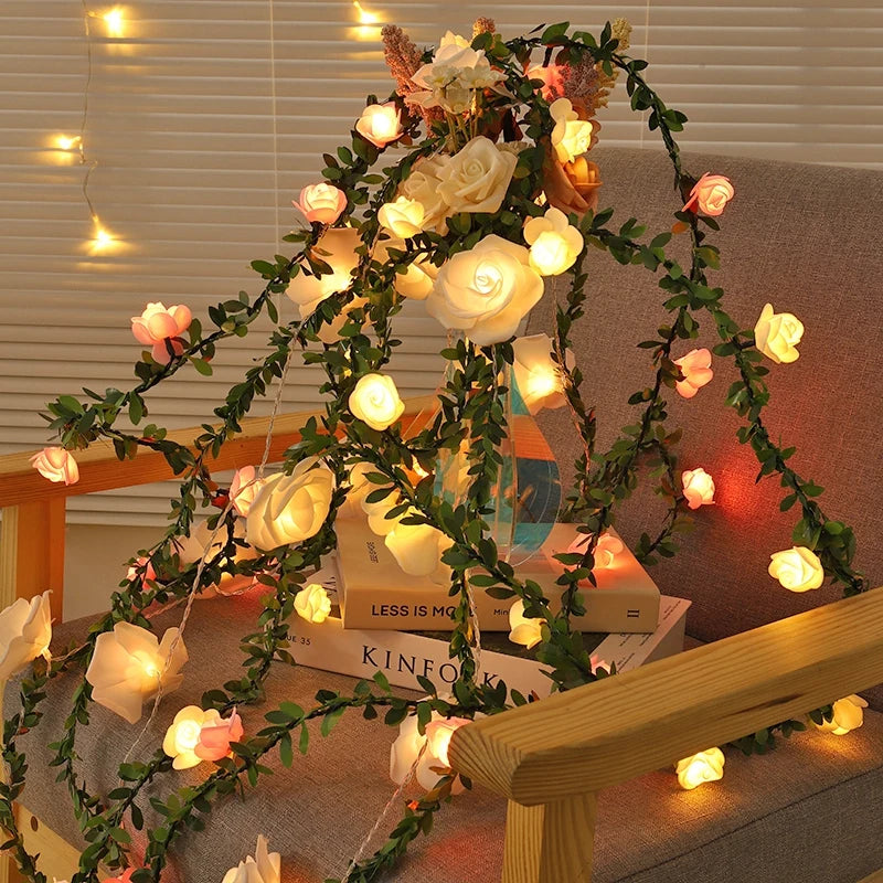 guirlande lumineuse rose feuilles vert festifs decoration mariage noel anniversaire blanc orange