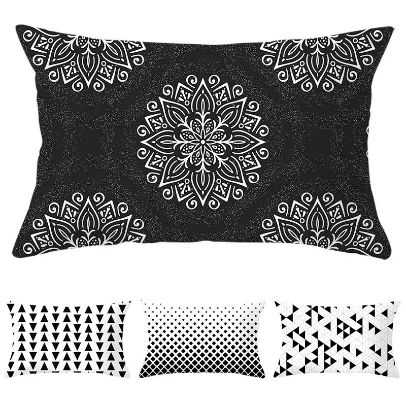 coussins géométriques motifs mandalas modernes polyester noir blanc minimaliste 30x50cm