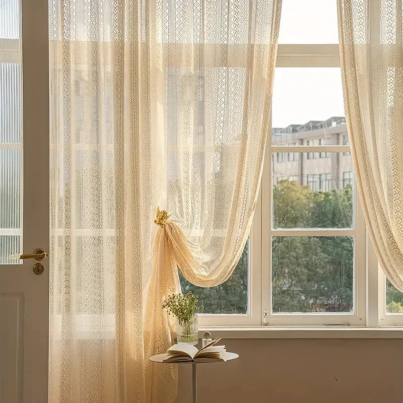 rideau polyester semi transparent beige dentelle géométrique classique maison bureauextérieur simple