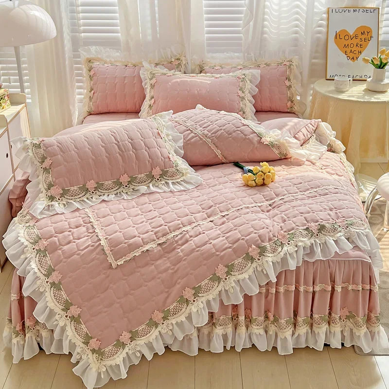 housse couette coton rose dentelle fleurs romantique blancs deux taies oreillers drap lit volants