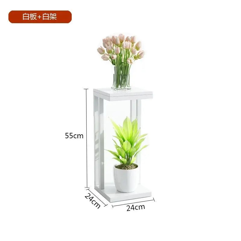 support plante moderne structure double couche blanc noir bois transparent minimaliste plateaux verre