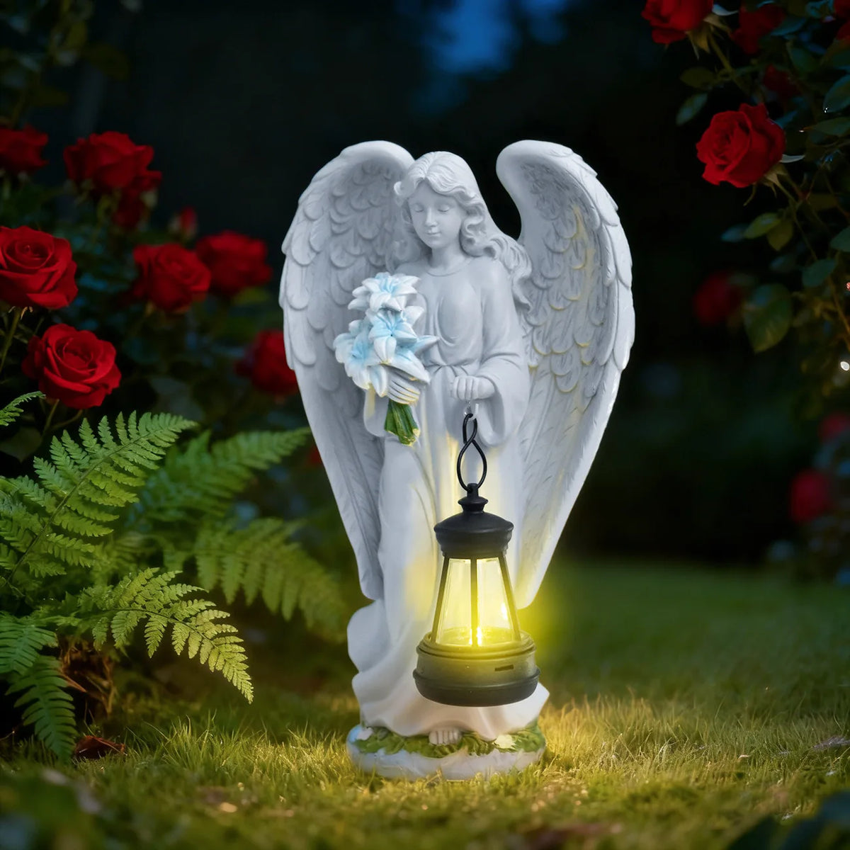 statue ange blanc texture pierre details sculptés lumiere led decoration exterieure classique jardin patio
