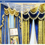 rideaux polyester opaques broderie dorée franges pompons or bleu classiques chambre salon