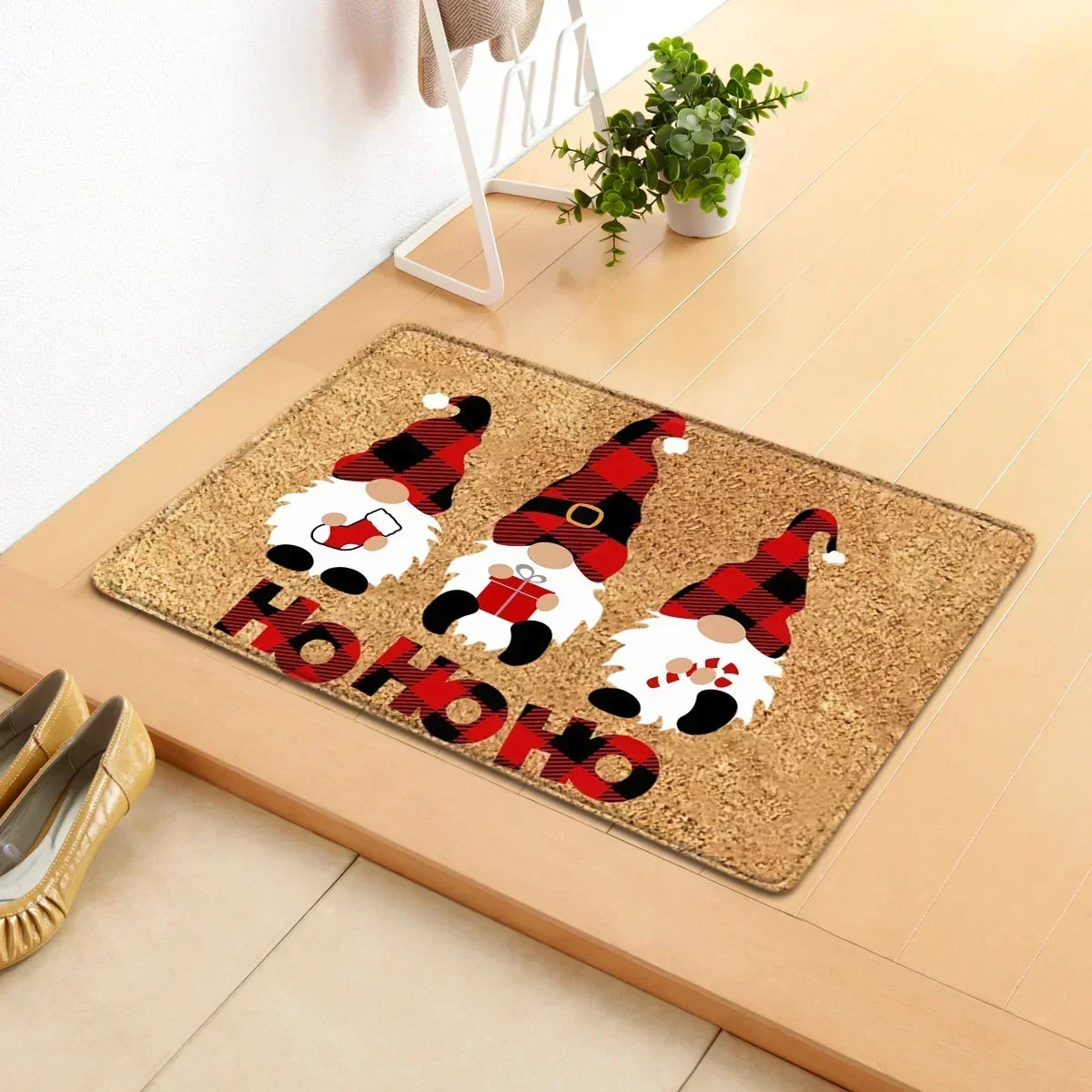 tapis d'entrée noël rennes lutins chaussettes flocons marron rouge blanc vert