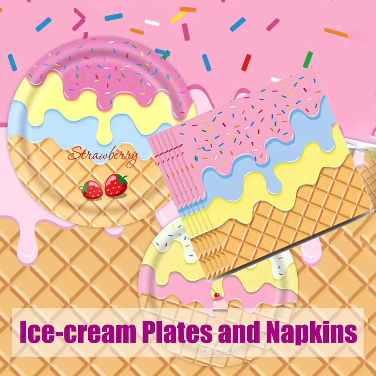 assiettes jetables serviettes gobelets nappe confettis glace vanille fraise anniversaire enfant été festive