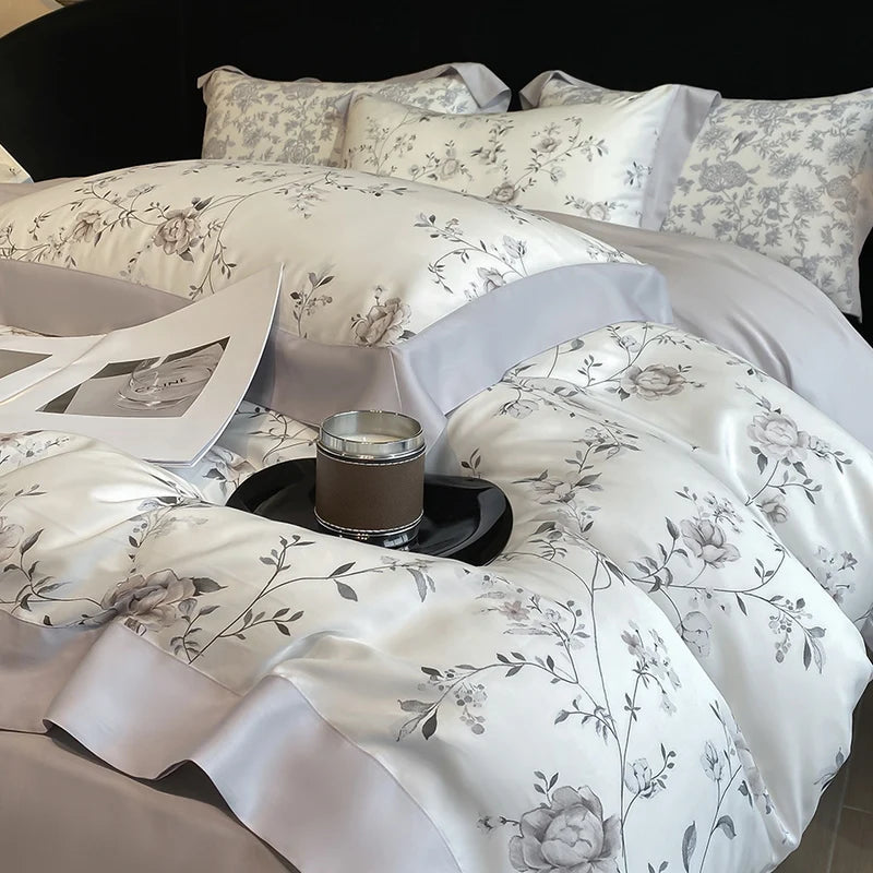 ensemble literie fleurs gris blanc housse couette drap taies oreiller lyocell eucalyptus doux
