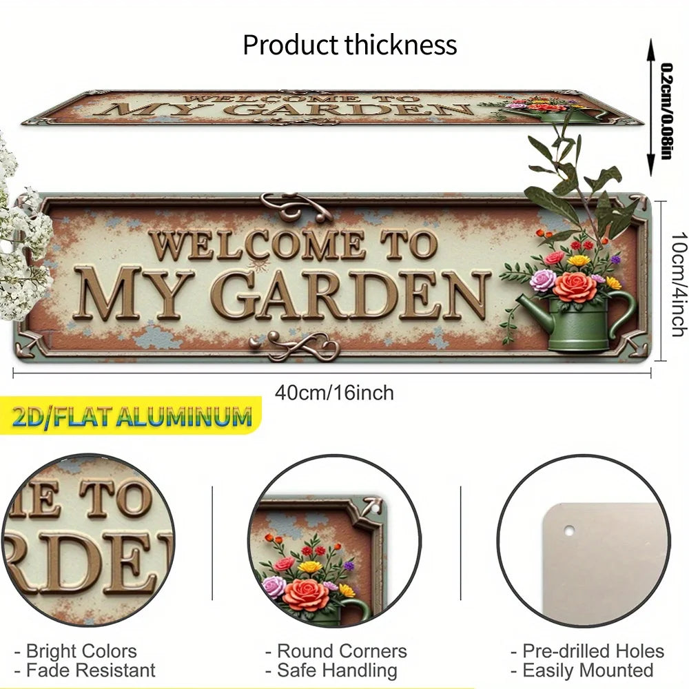 plaque décorative vintage rustique motif floral roses bienvenue jardin pré perforésextérieur marron beige vert