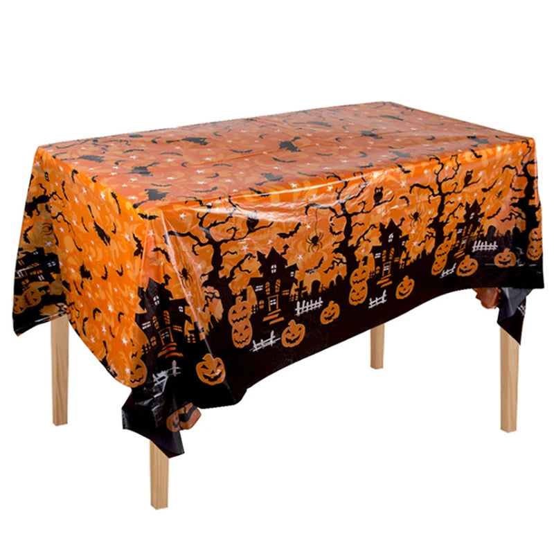 nappe table halloween araignées citrouilles fantômes violet orange vert festive pliante plastique transparente opaquement
