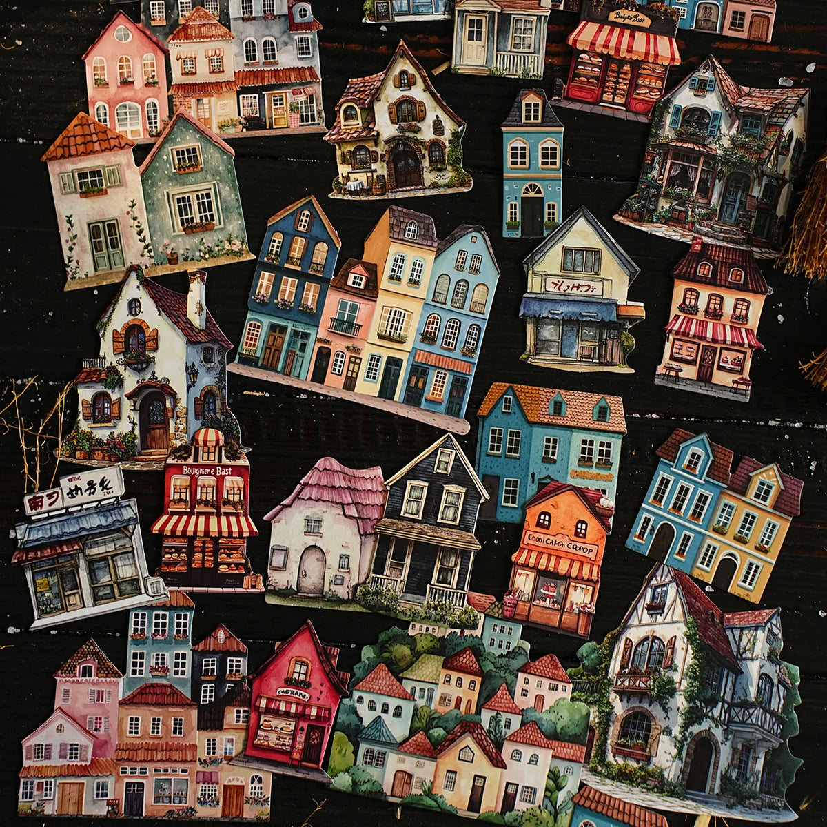 autocollants miniatures maisons colorées illustratives scrapbooking diy papier décors albums bleu rouge blanc vert